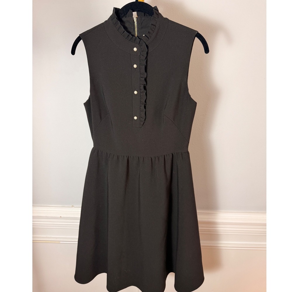 Kate Spade Black Fit‎ Flare Dress Pearl Buttons Ruffle Neck Sleeveless XS